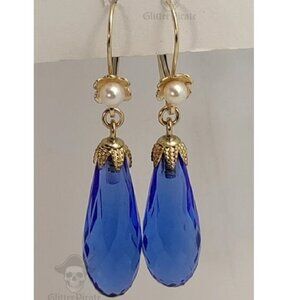 Vintage 14k Seed Pearl 10cttw Briolette London Blue Topaz Earrings